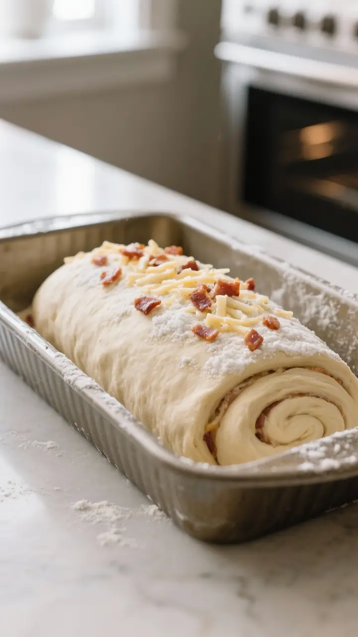 Cooking process: Overhead shot of the shaped loaf right after the second rise, crowned about 1 inch 