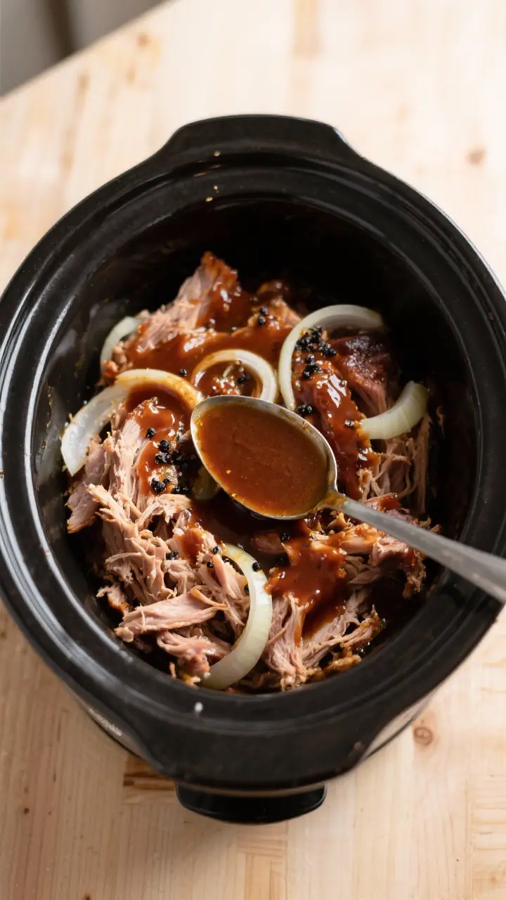 Cooking process: Overhead shot of the slow cooker just after saucing—shredded pork tossed back int