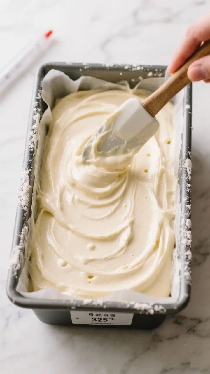 Cooking process: Overhead shot of the smooth, thick batter being spooned and leveled into a parchmen