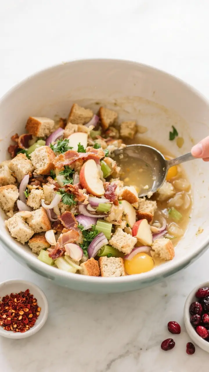 Cooking process: Overhead shot of the stuffing mixture being combined in a large mixing bowl—dried