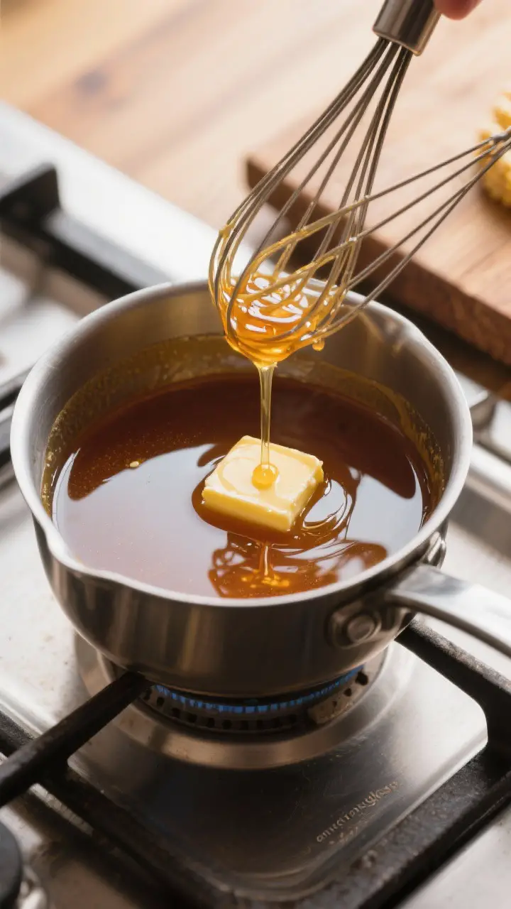Cooking process: Overhead shot of the syrup at the “enrich and gloss” stage in a small saucepan 