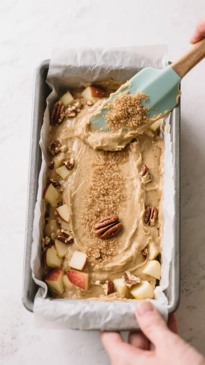 Cooking process: Overhead shot of the thick batter being scraped into a parchment-lined 9x5-inch loa