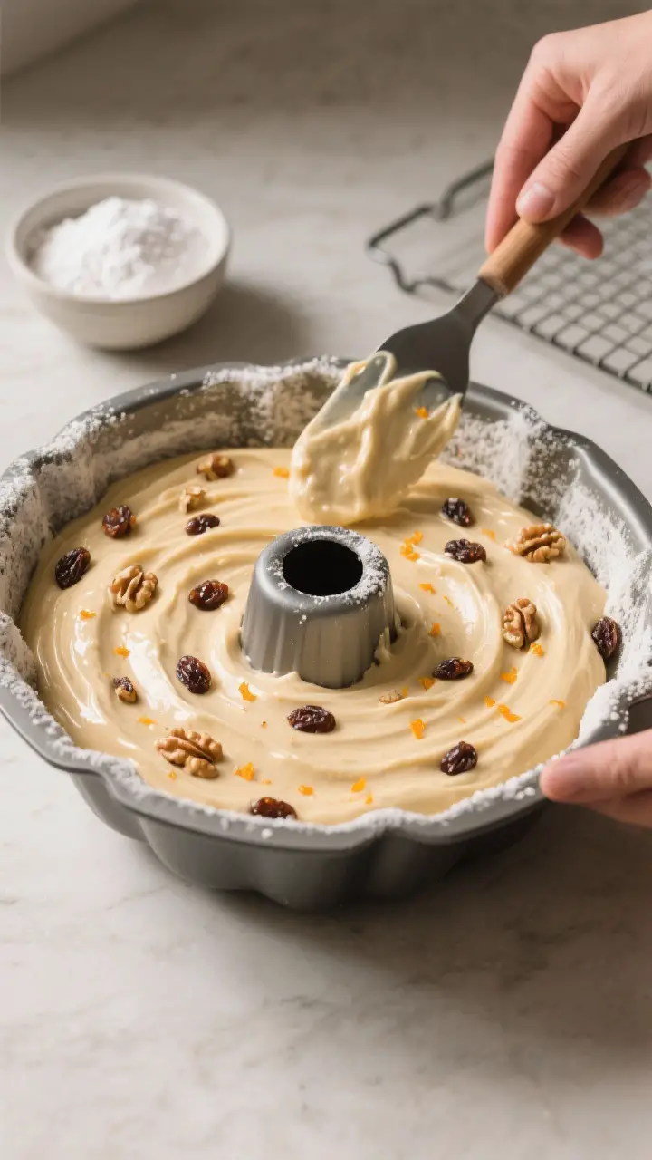 Cooking process: Overhead shot of the thick, glossy batter being spread into a greased and floured b