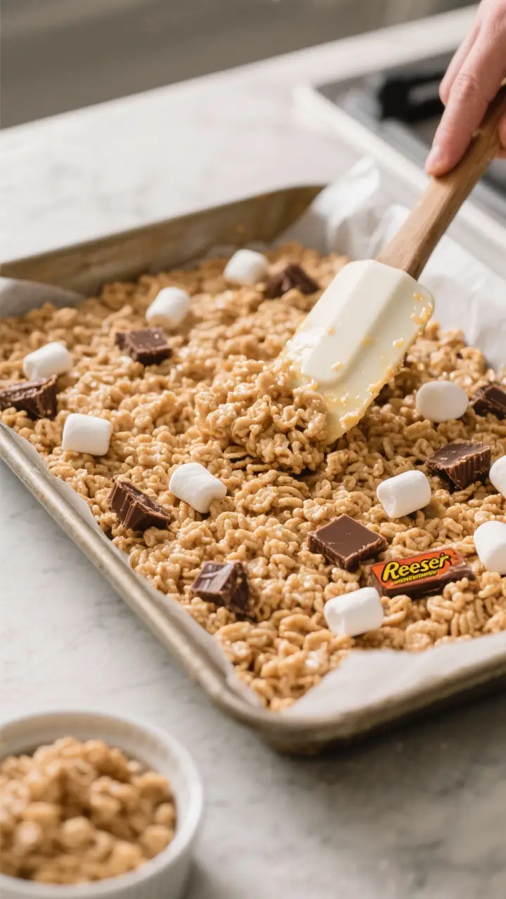 Cooking process: Overhead shot of the warm cereal mixture being gently pressed into a parchment-line