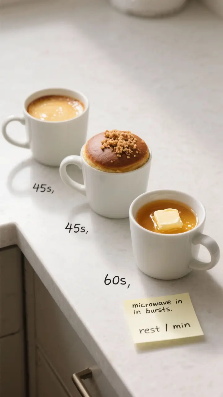 Cooking process: Overhead shot of three mugs arranged on a clean countertop, each at a different don