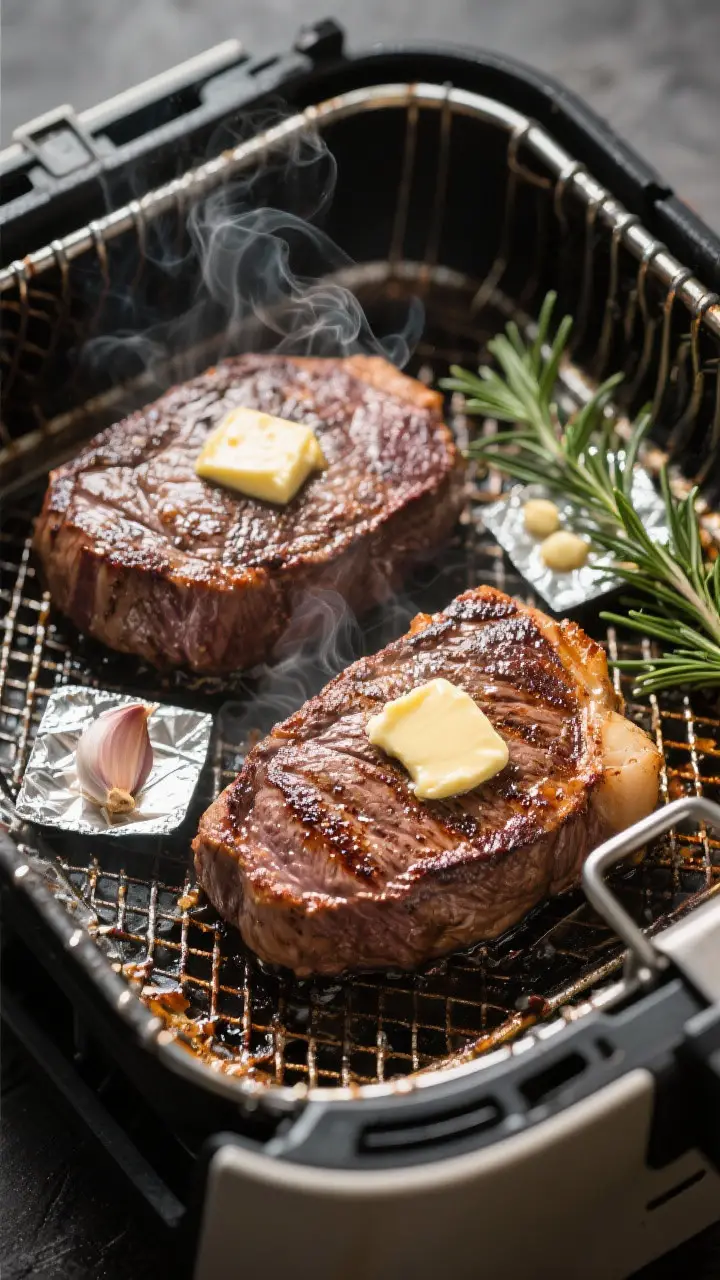 Cooking process: Overhead shot of two filet mignon steaks spaced apart in an open air fryer basket a