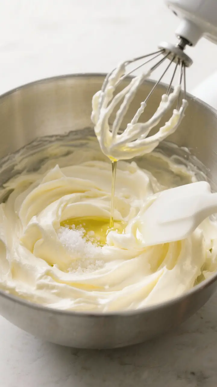 Cooking process: Overhead shot of whipped butter mid-prep in a stainless mixer bowl, already pale an