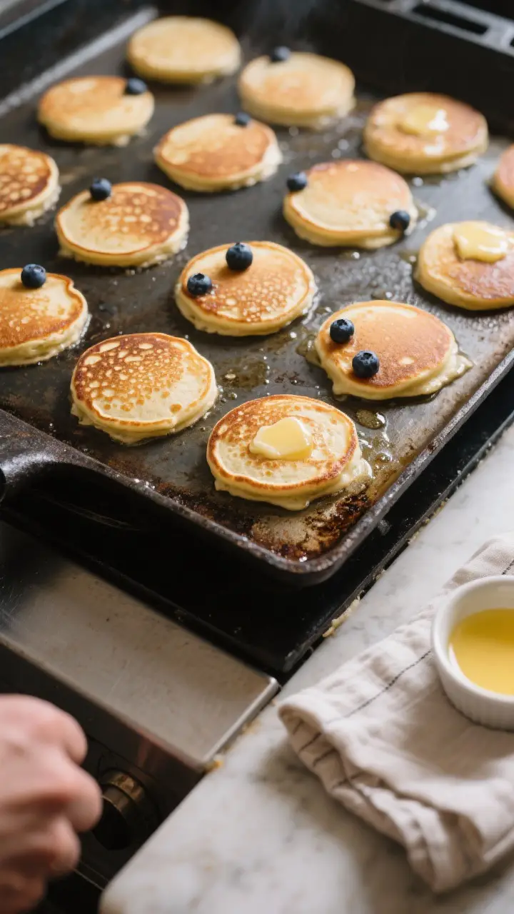 Cooking process: Pancakes on a preheated cast-iron griddle at the flip stage, overhead shot capturin