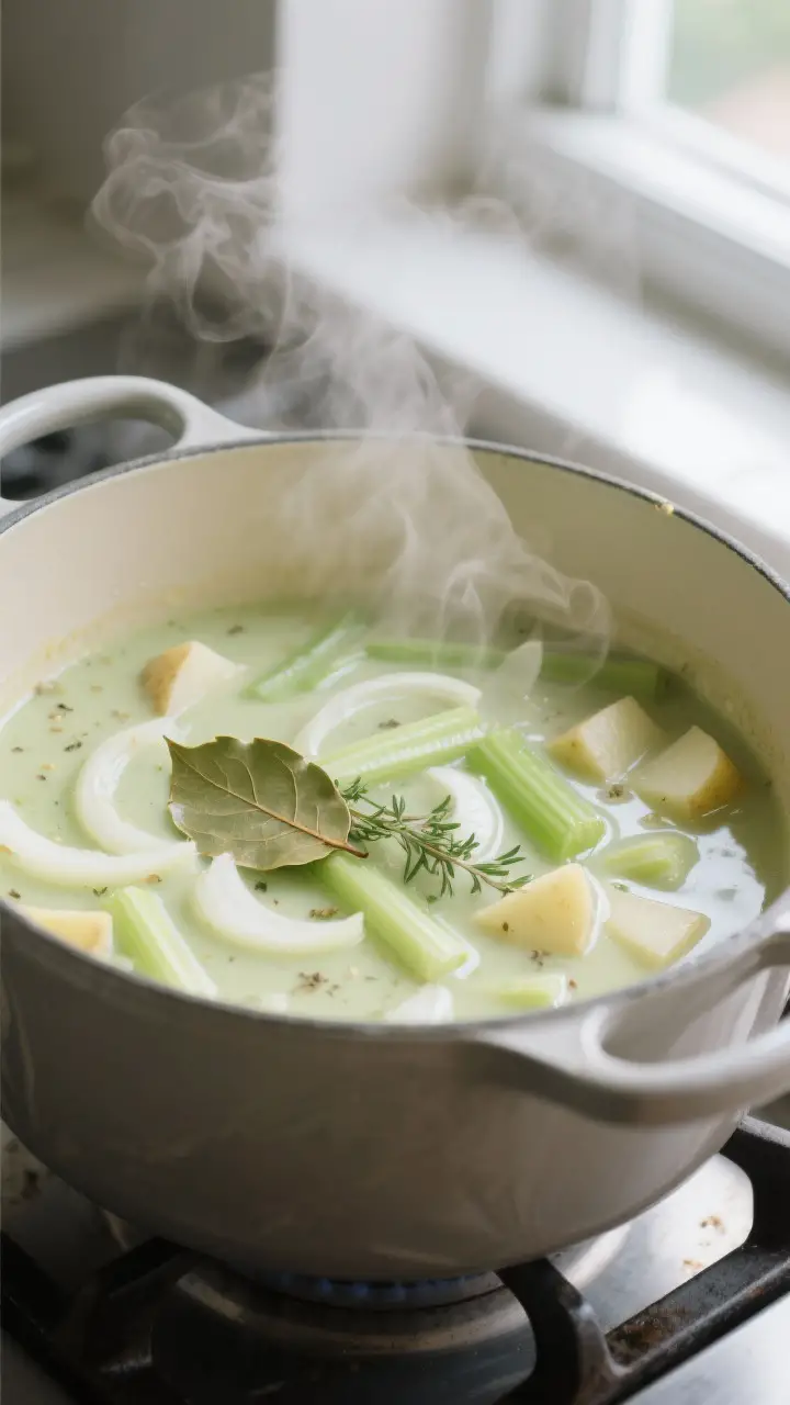 Cooking process — sauté and simmer: A steamy, medium-close shot into a Dutch oven of simmering cr