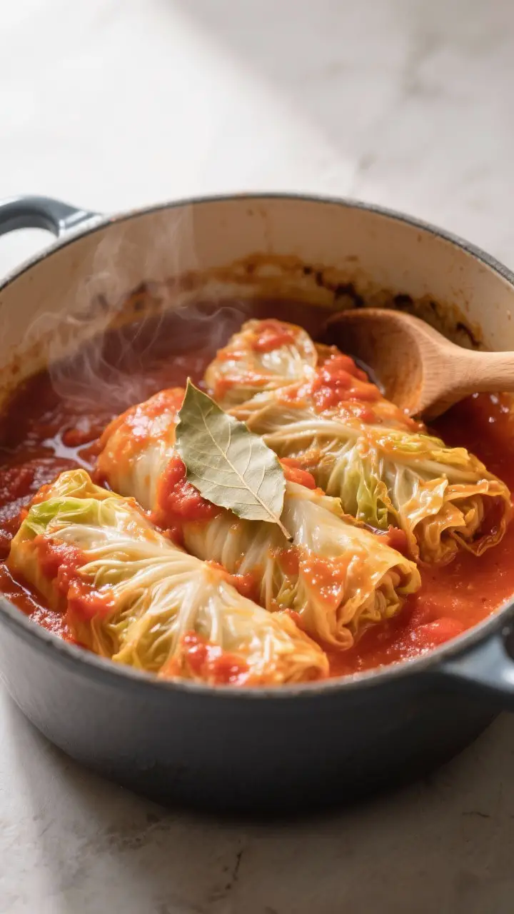 Cooking process: Seam-side-down cabbage rolls nestled in a Dutch oven mid-braise, mostly covered in 