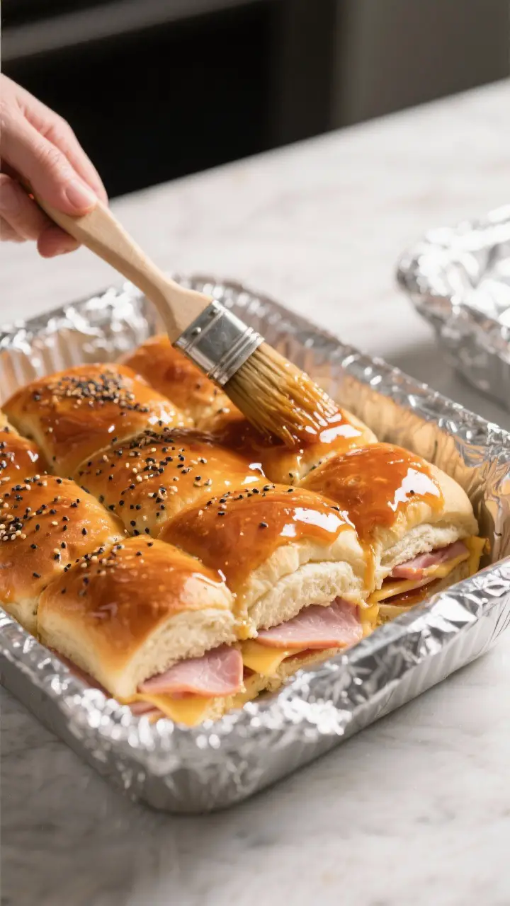 Cooking process shot: Assembled sliders in the baking dish just before baking—top slab on, sauce b