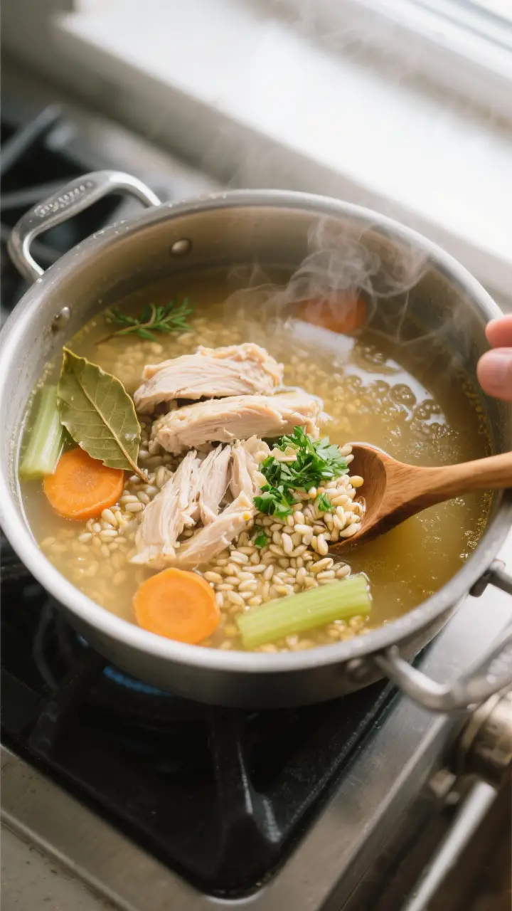Cooking process shot: Chicken Barley Soup simmering in a wide stainless pot, overhead angle. Tender 
