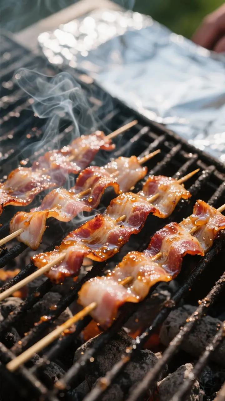 Cooking process shot: Over-the-grate view of bacon skewers threaded in gentle ribbons grilling at me