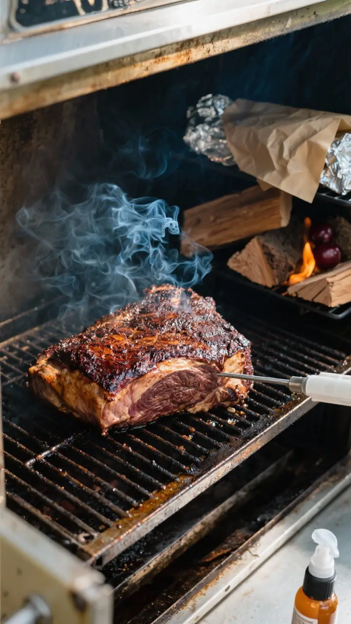 Cooking process shot: Overhead view inside a smoker at 250°F with a 3–5 lb chuck roast fat-cap up