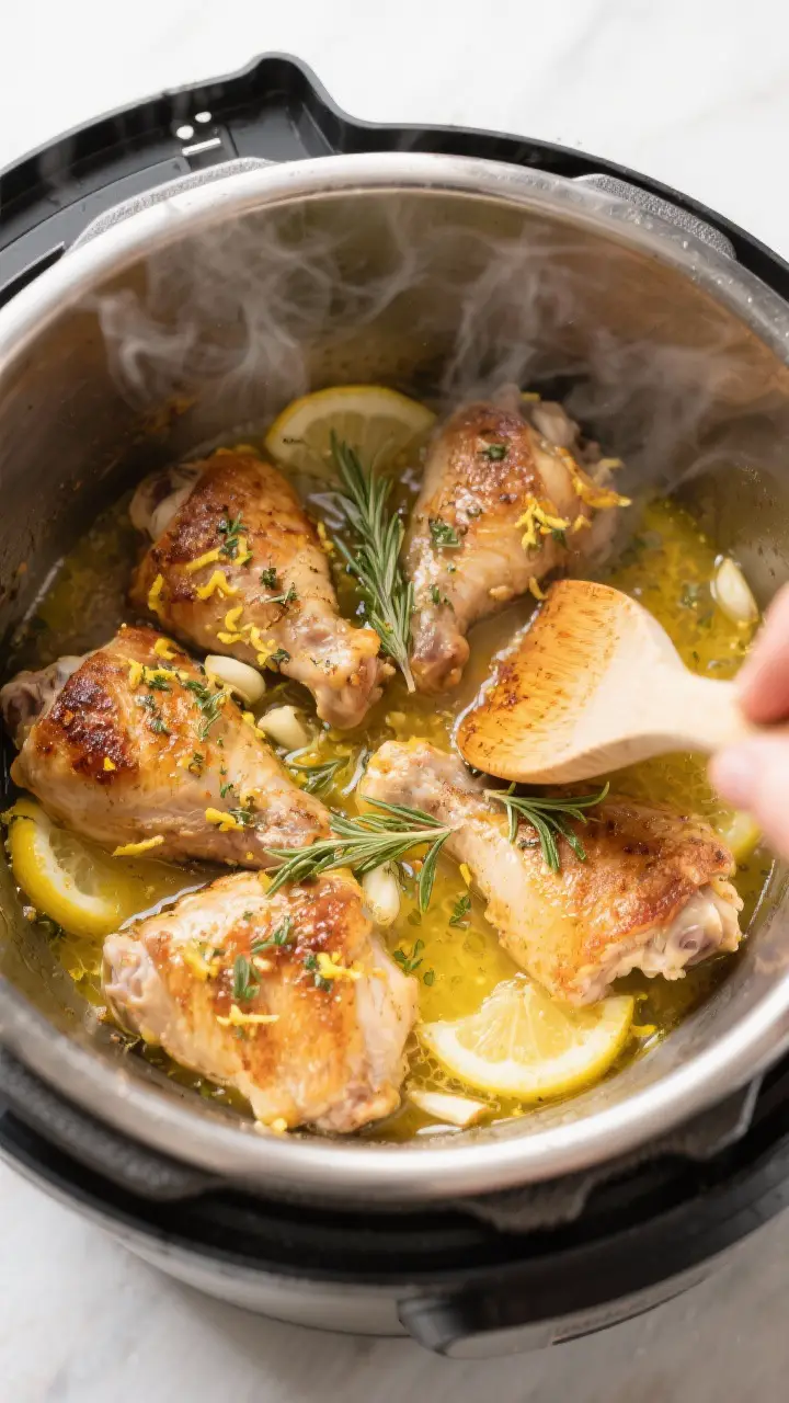 Cooking process shot: Overhead view inside the Instant Pot during the sauté/deglaze stage, showing 