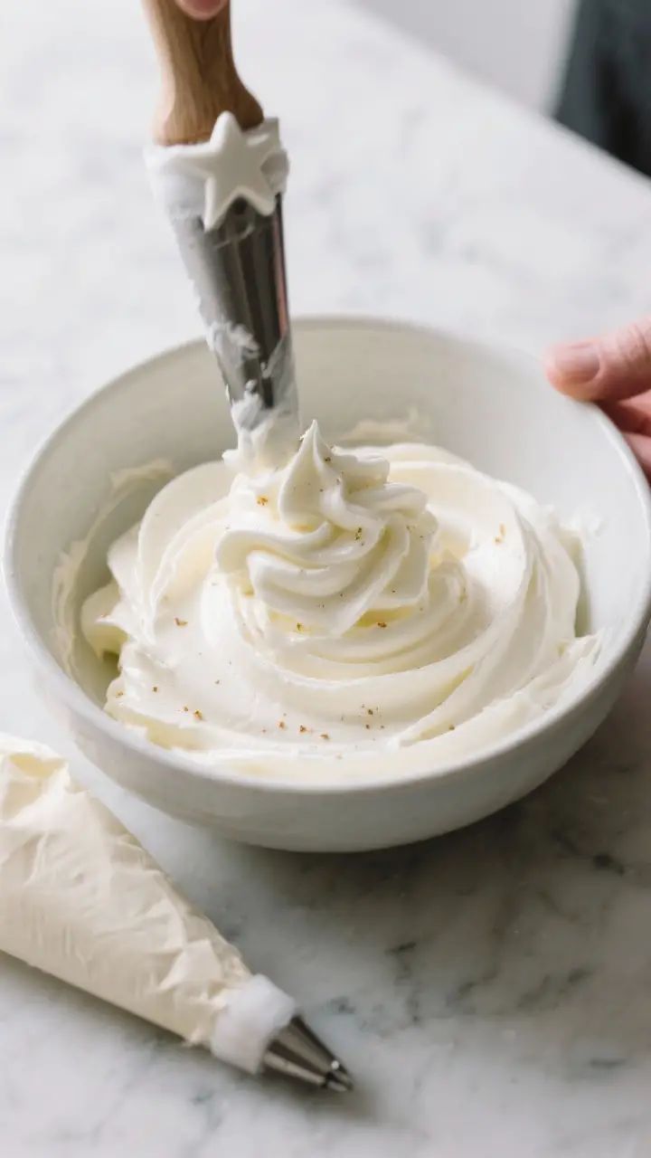 Cooking process shot: Overhead view of a bowl of silky cream cheese frosting being beaten to fluffy 