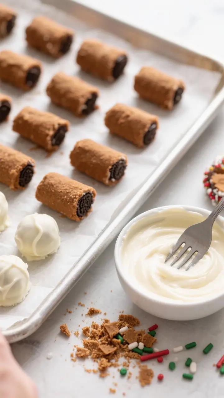 Cooking process shot: Overhead view of a parchment-lined sheet pan with uniformly rolled, chilled Gi