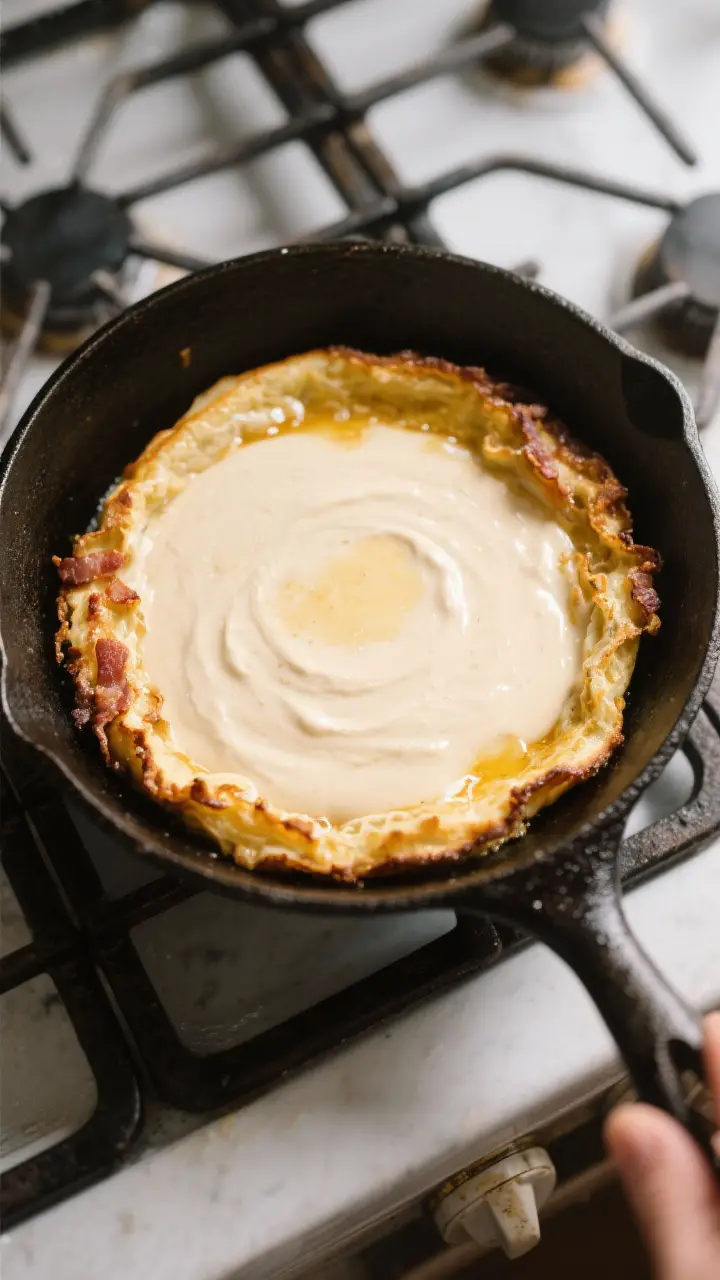 Cooking process shot: Overhead view of a preheated 9-inch cast-iron skillet fresh from the oven, bat