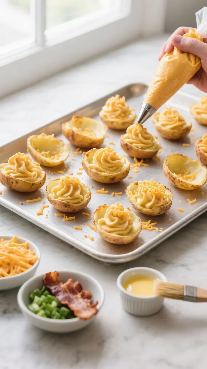 Cooking process shot: Overhead view of a sheet pan lined with multiple potato shells being generousl