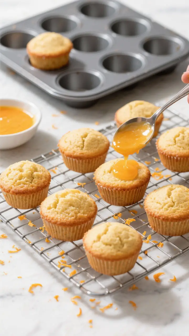 Cooking process shot: Overhead view of freshly baked orange mini-cakes cooling on a wire rack, some 