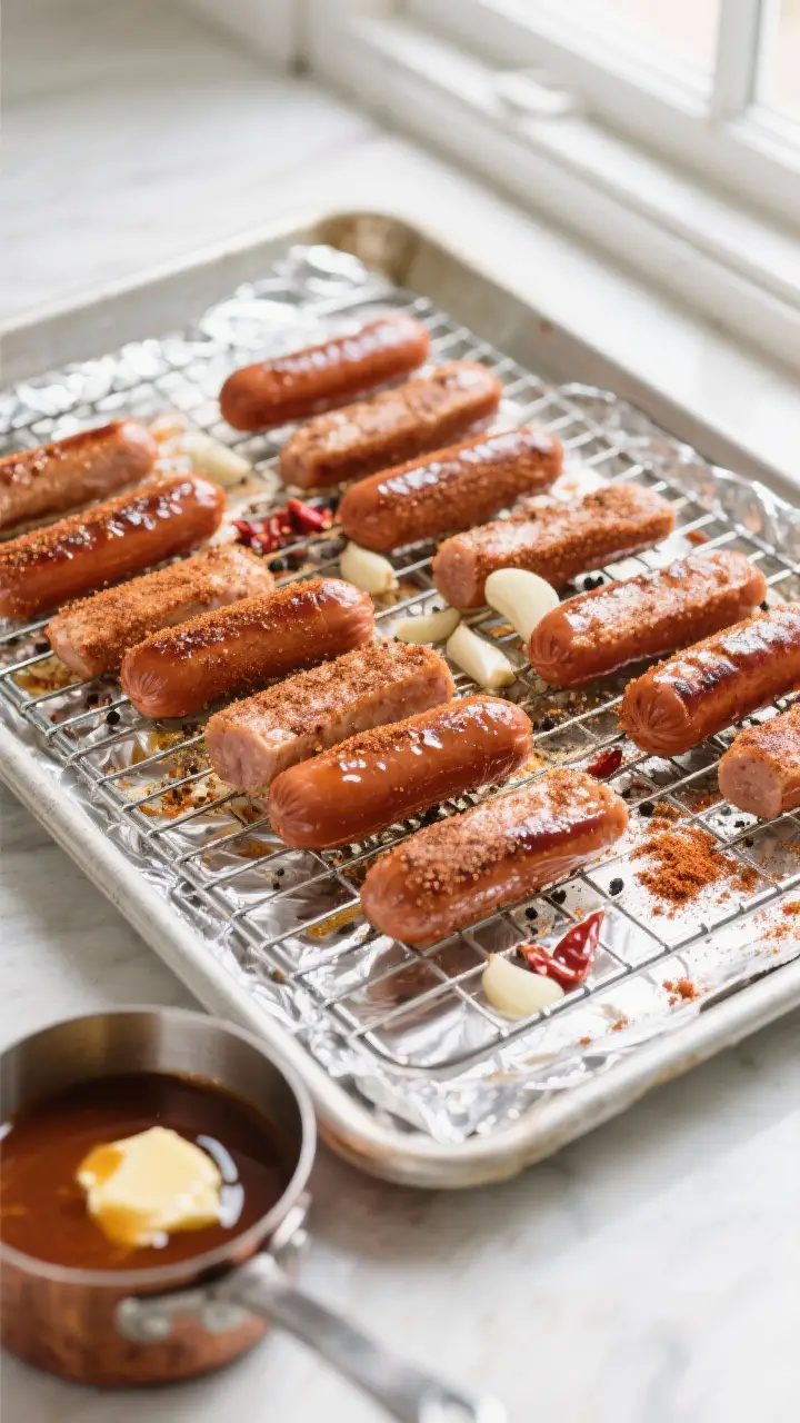 Cooking process shot: Overhead view of seasoned hot dog pieces on a wire rack set over a foil-lined 