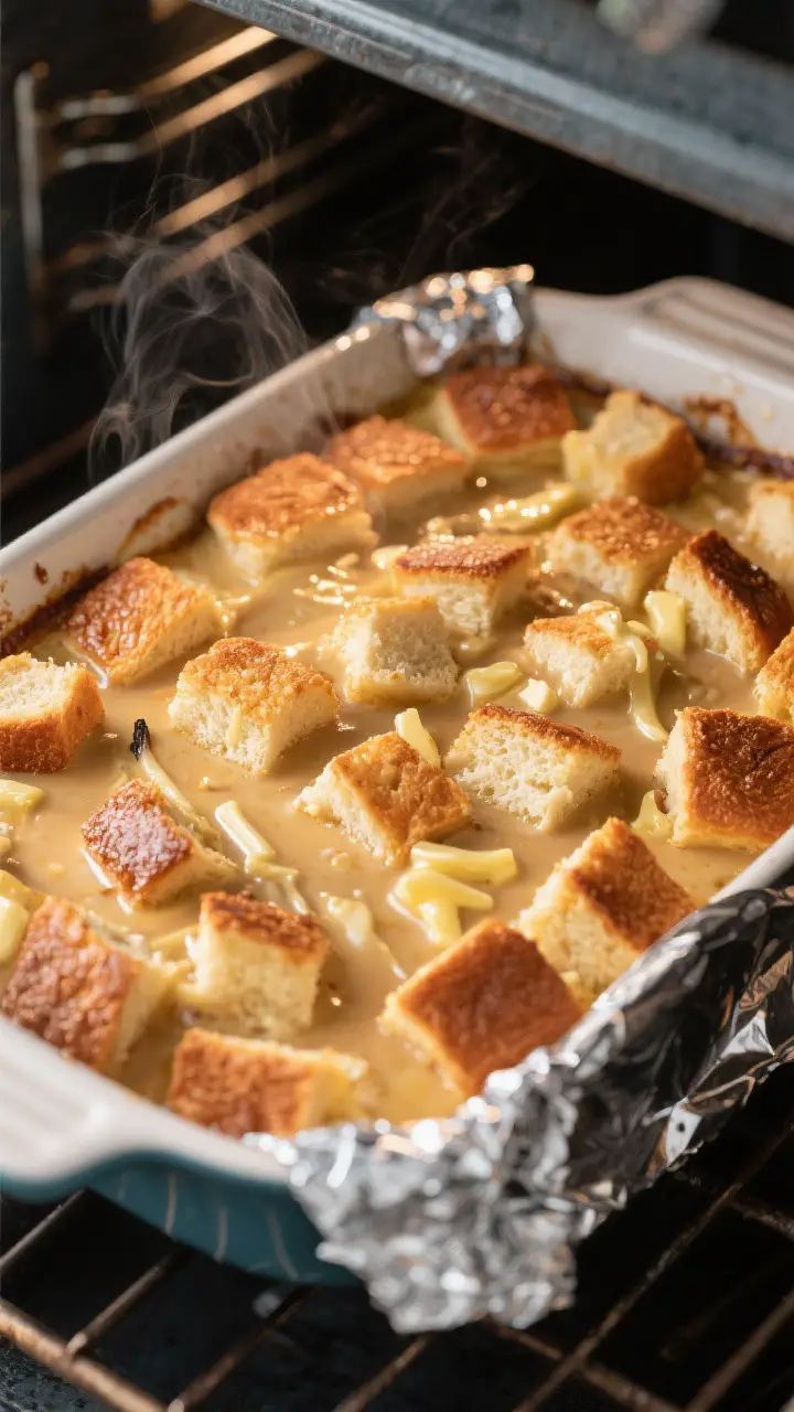 Cooking process shot: Overhead view of the assembled casserole after overnight rest and mid-bake ten