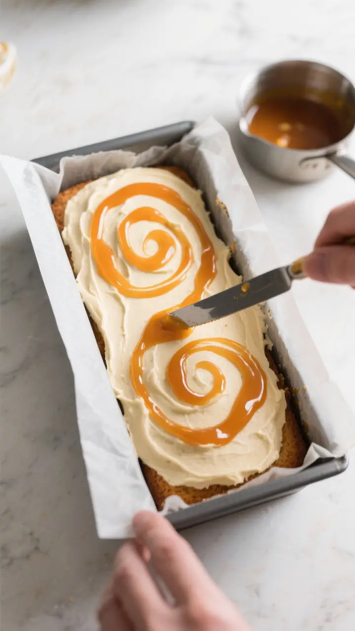 Cooking process shot: Overhead view of the batter layering and gentle swirling step in a parchment-l