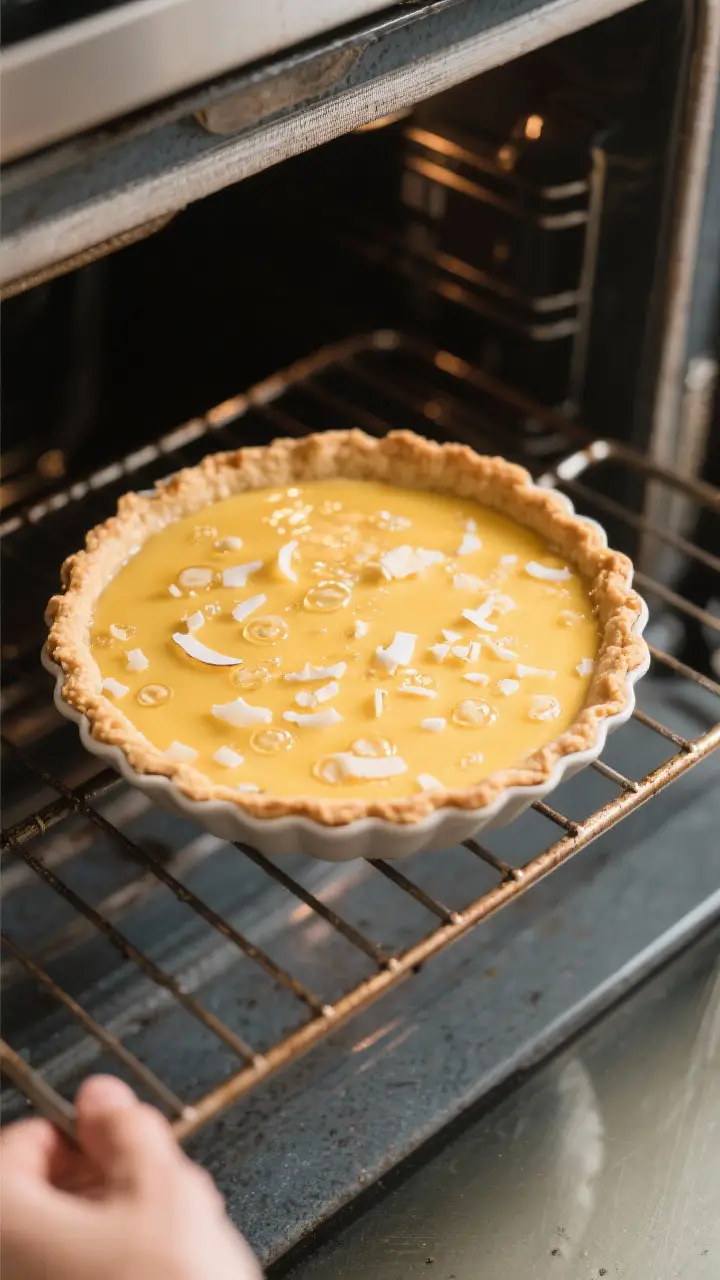 Cooking process shot: Overhead view of the filled 9-inch pie dish just placed on the middle oven rac