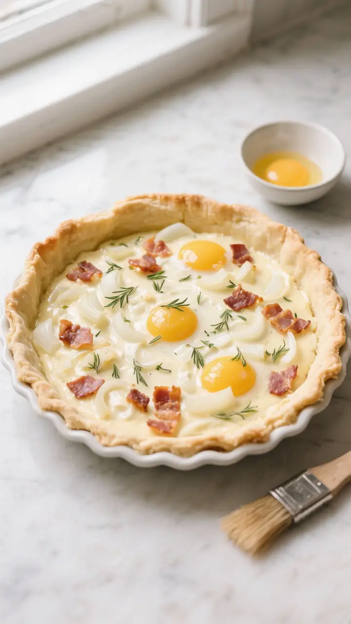 Cooking process shot: Overhead view of the pie in a 9-inch pie dish right after the filling is added