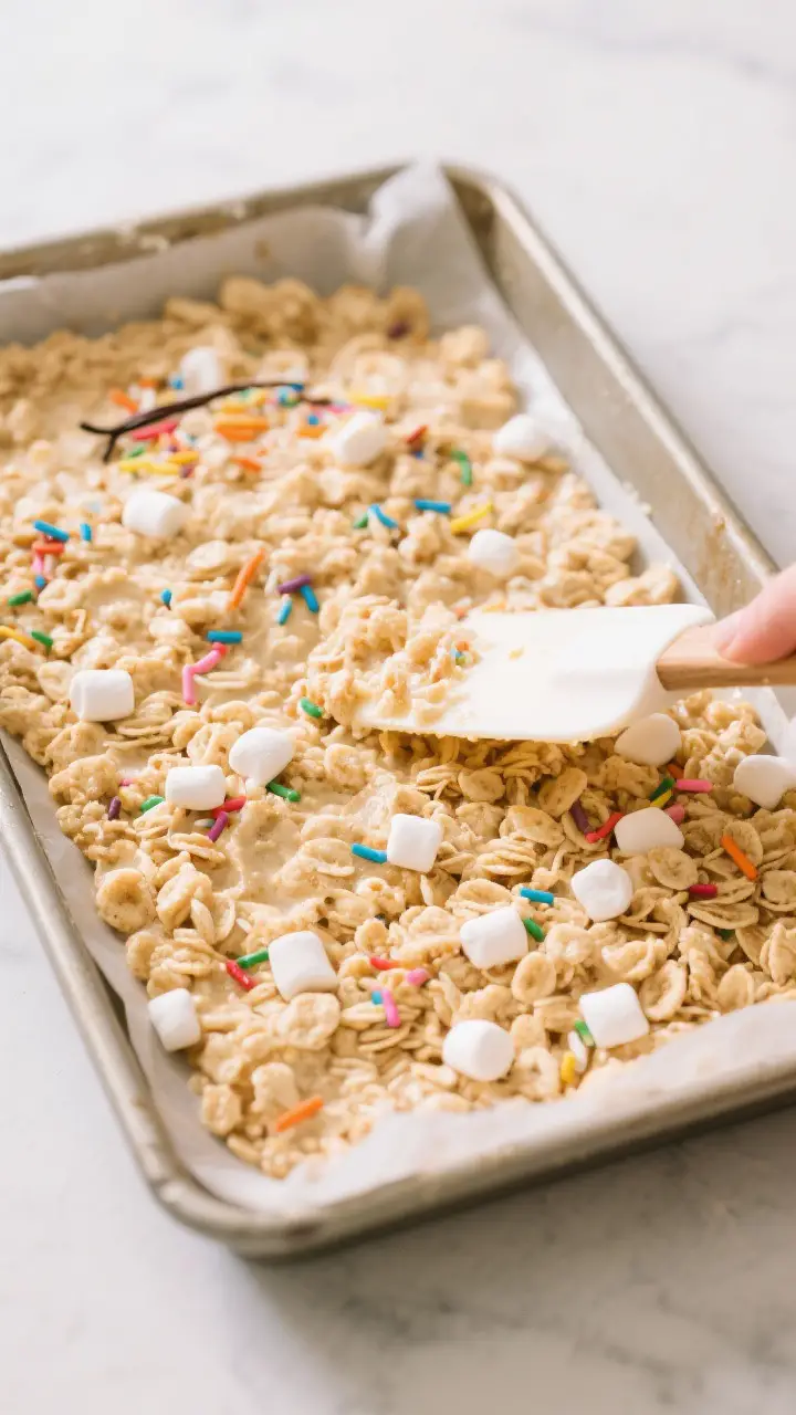 Cooking process shot: Overhead view of the warm, marshmallow-coated cereal mixture being gently pres