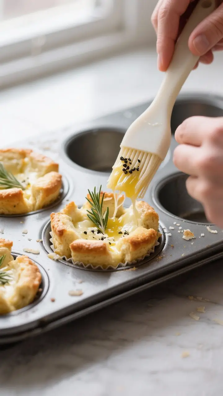 Cooking process shot: Pull-apart biscuit cups being assembled in a greased muffin tin—quartered co