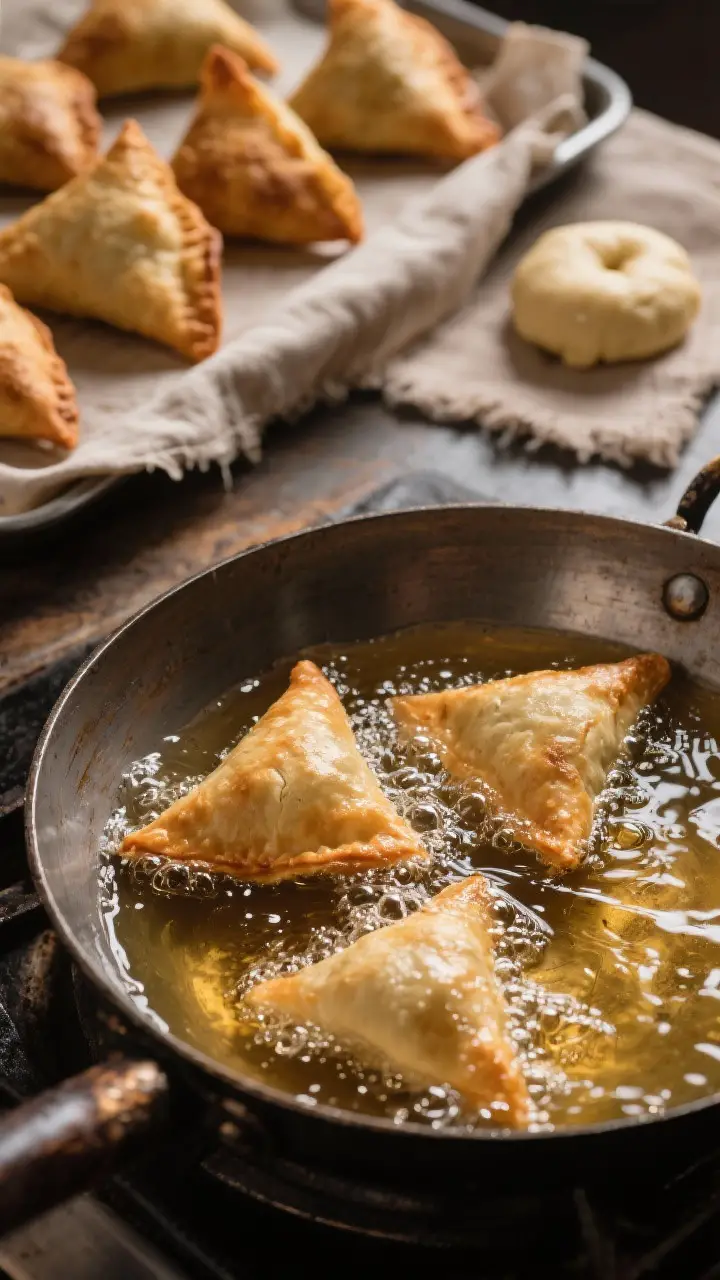 Cooking process shot: Samosas frying low-and-slow in a wide, shallow kadai filled with neutral oil,