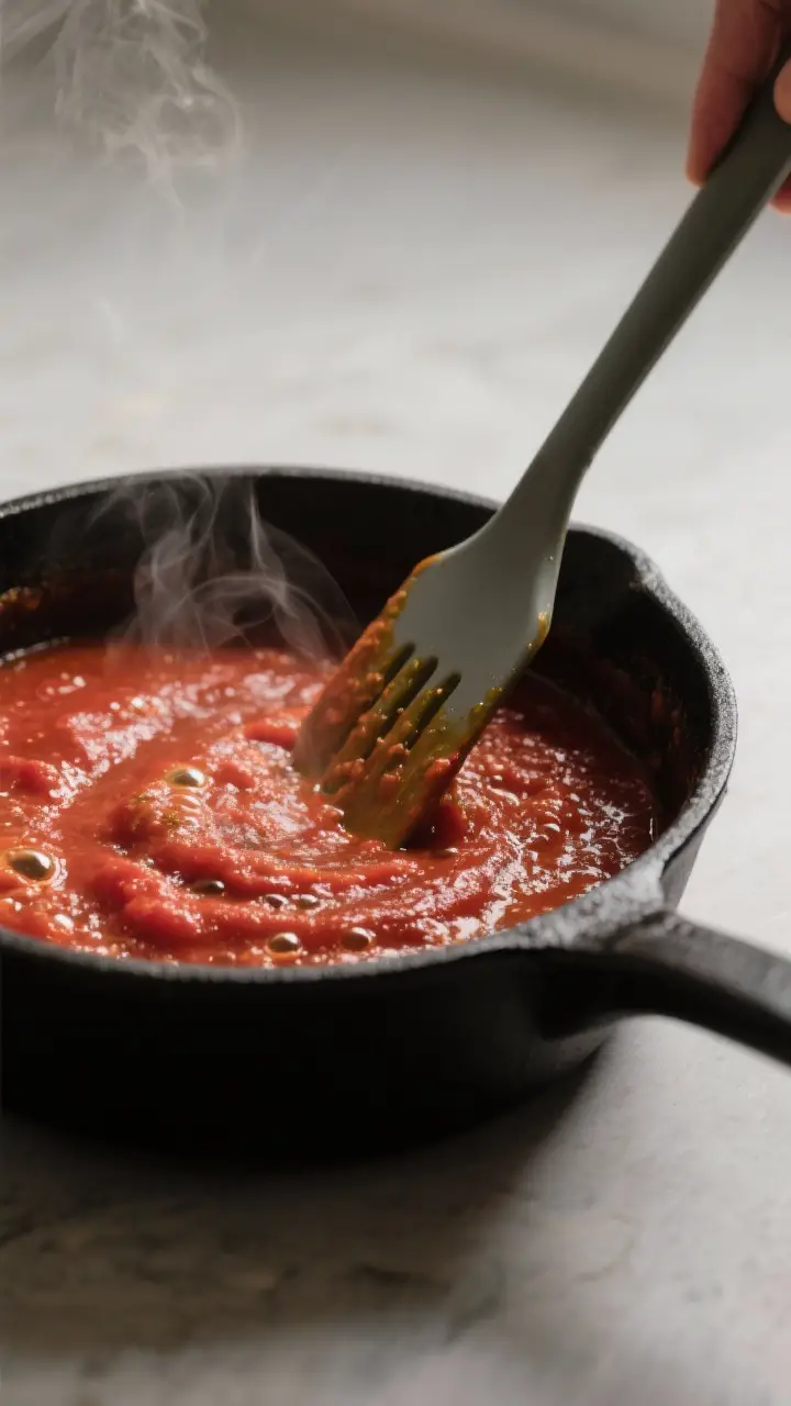 Cooking process shot: Simmered pizza sauce in a matte black saucepan over low heat, captured mid-bub