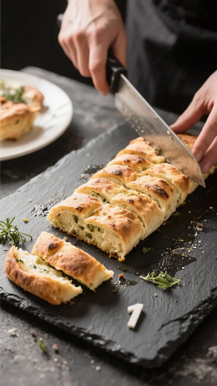 Cooking process shot: Stromboli just after slicing, showcasing neat 1–