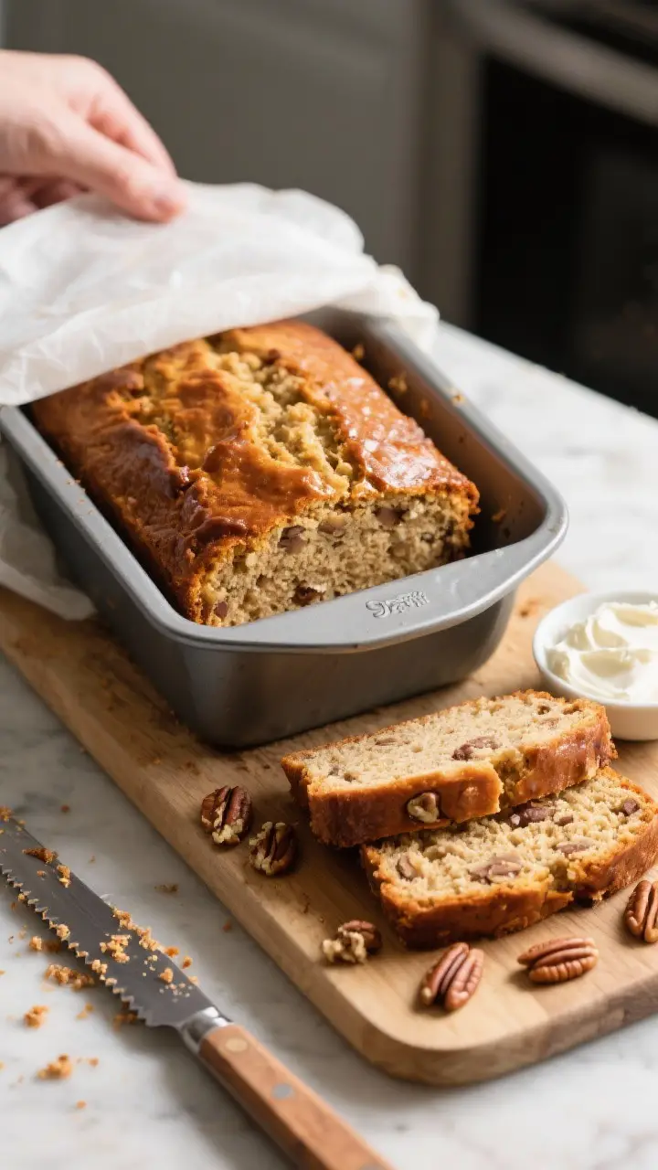 Cooking process shot: The baked loaf in a 9x5 pan just after baking, being tented off to reveal the