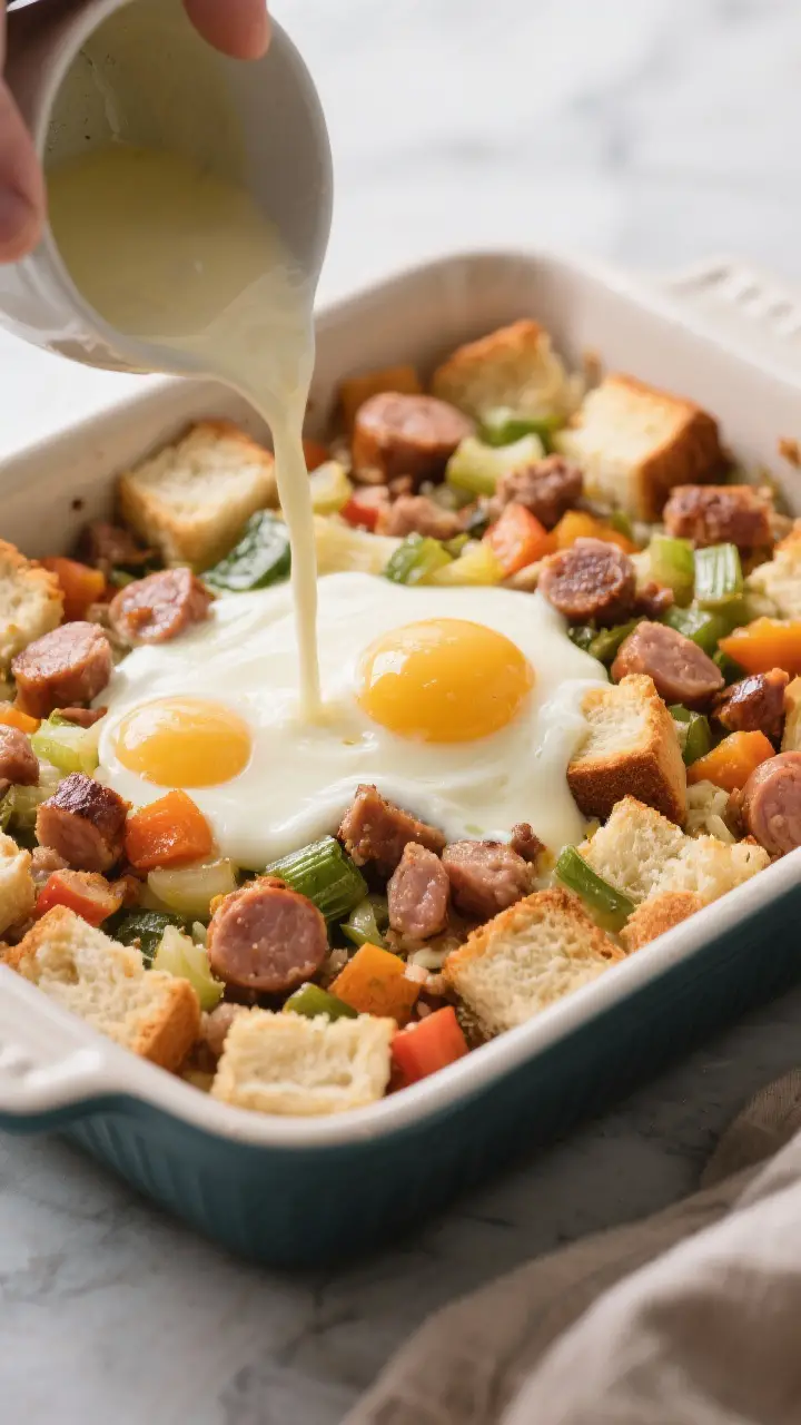 Cooking process shot: the “pour and soak” stage captured in the baking dish—bread cubes alread