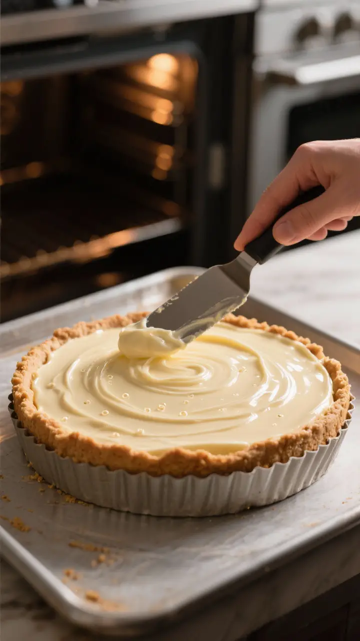 Cooking process: Silky cheesecake batter being smoothed in the cooled crust with a small offset spat