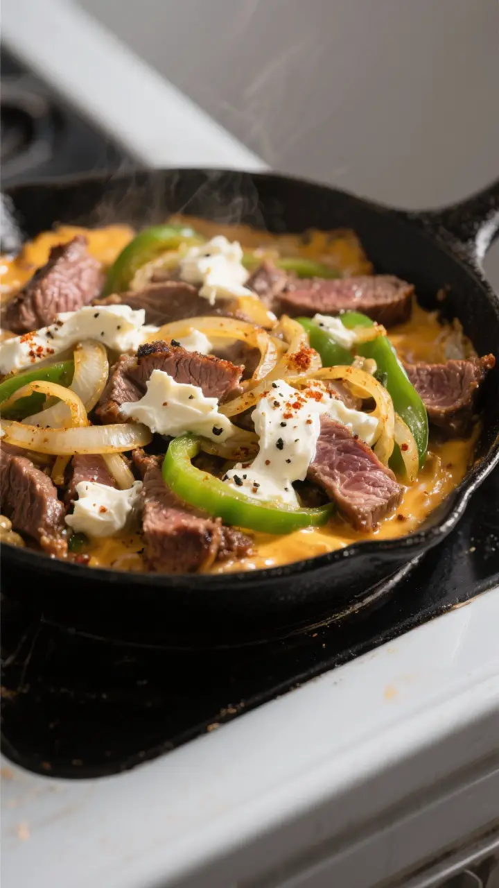 Cooking process, skillet action: Sizzling Philly cheesesteak dip base in a black cast-iron skillet o