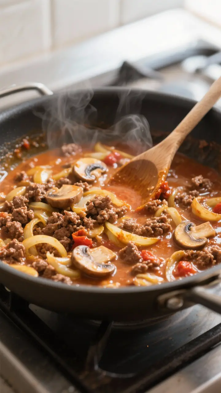 Cooking process, skillet sizzle: Close-up of pantry stroganoff sauce in a wide skillet as it thicken