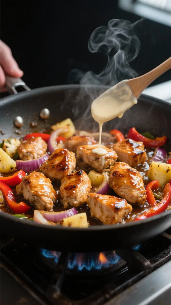Cooking process, stovetop sear: Juicy bite-size chicken pieces sizzling in a large stainless skillet