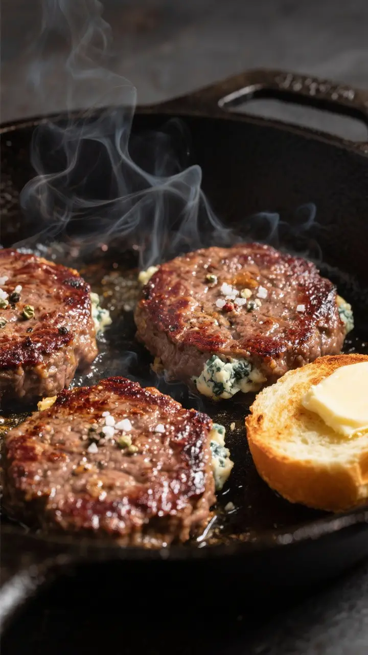 Cooking process: Stuffed Blue Cheeser patties sizzling in a cast-iron skillet, mid-sear, showing dee