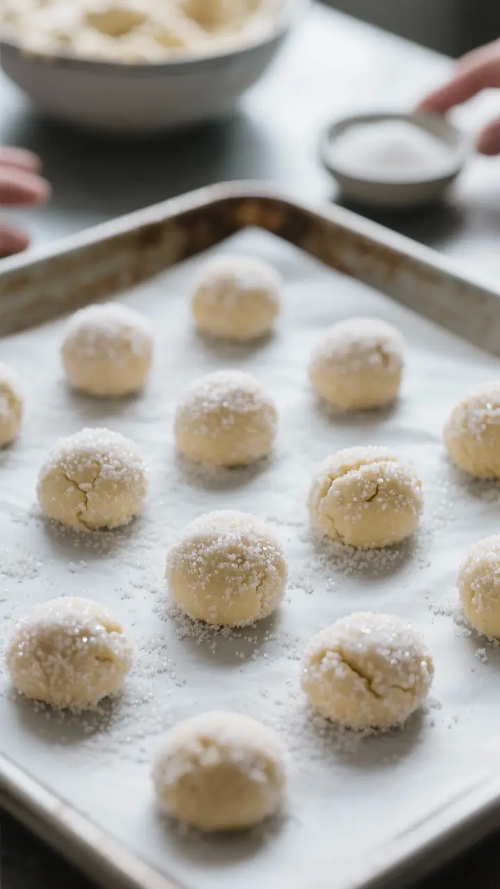 Cooking process: Sugar-coated dough balls arranged 2 inches apart on a parchment-lined baking sheet 