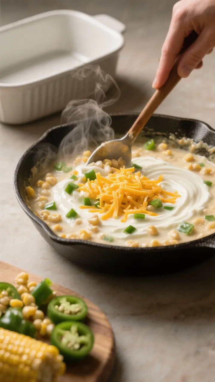 Cooking process: The creamy base being folded together in a skillet—silky, thickened broth-and-sou