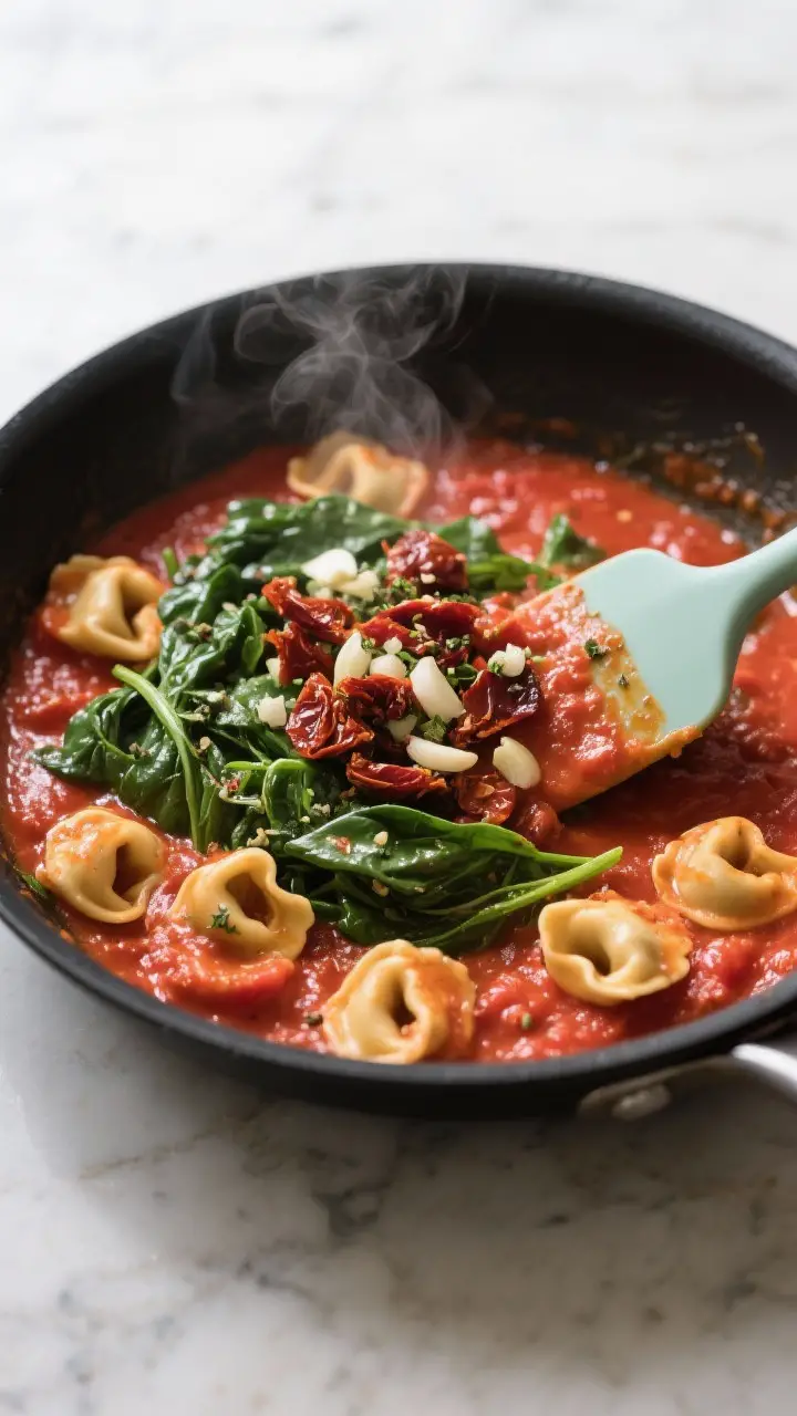 Cooking process: The sauce-building stage in a wide sauté pan—creamy crushed-tomato sauce simmeri