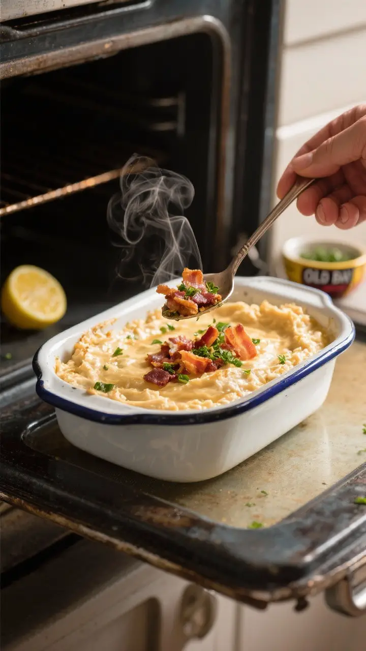 Cooking process: The warm version of Clam Bake Fluff being finished in a small enamel baking dish st