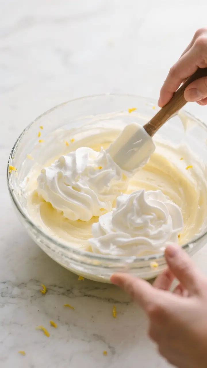 Cooking process: The whipped cream being folded into the lemon-cream cheese base in two additions—