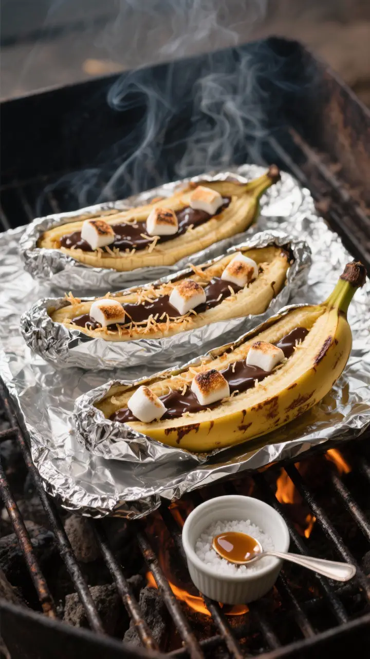 Cooking process: Three Banana Boats wrapped loosely in foil on a grill, slit sides facing up and vis