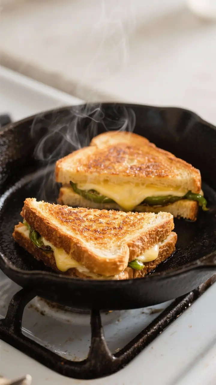 Cooking process: Two assembled Monterey grilled cheese sandwiches toasting in a cast-iron skillet ov