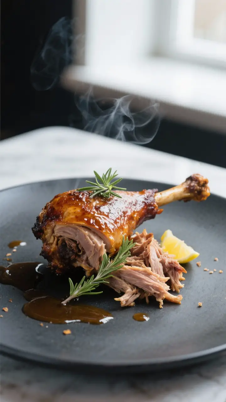 Final dish beauty: Restaurant-quality plated smoked turkey leg, meat pulled just enough to reveal te