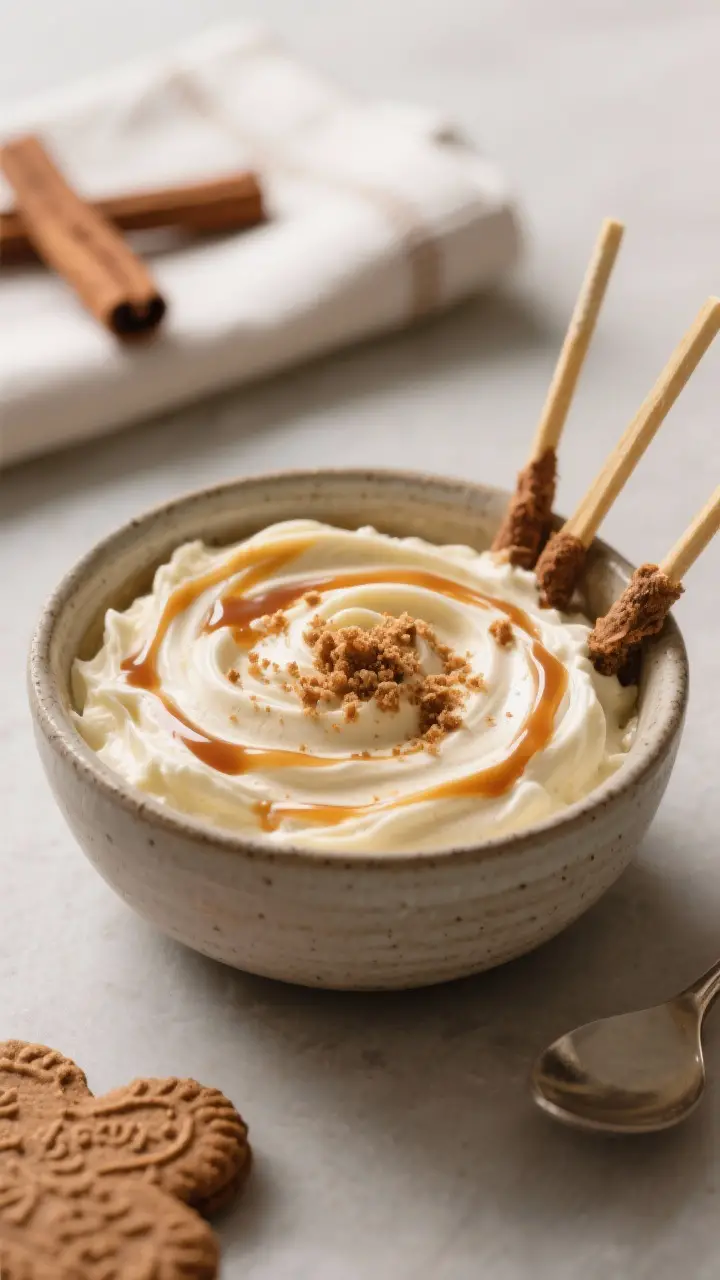 Final dish beauty shot: Restaurant-quality presentation of Gingerbread Cheesecake Dip in a low, wide